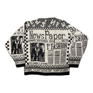 Vintage 80s 90s Boho Knit Sweater Newspaper Print Acrylic Medium Hip Hop Rap